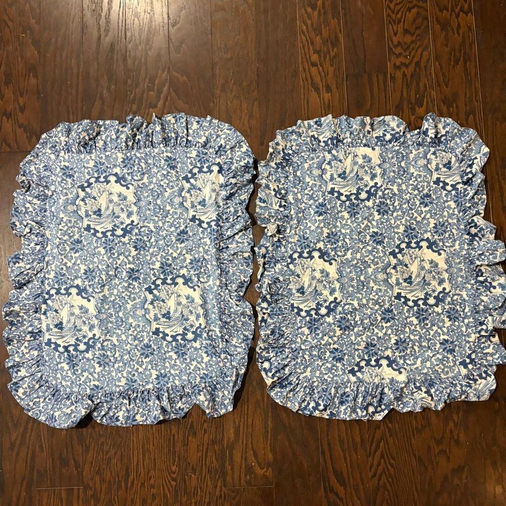 VTG Ralph Lauren Set of Two (2) Porcelain Blue Ruffled Tamarind Bird Pillow Sham
